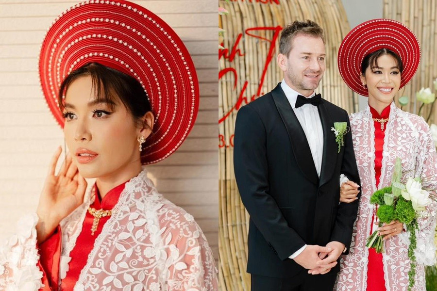 Đám cưới Minh Tú: Cô dâu diện áo dài đỏ ", hoa cưới đính kèm ảnh bố