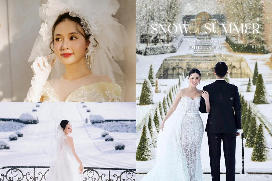 Midu mặc váy cưới giá gần 130 triệu đồng, chụp hình dưới tuyết tại lâu đài cổ ở Pháp